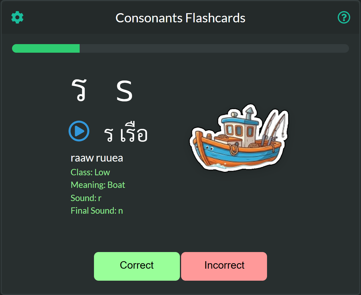 Thai Consonants Flashcard: ร เรือ (Boat) - Looped & Loopless